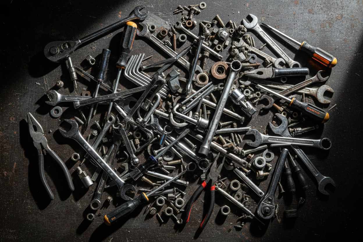 Chaotic hand tools flat lay