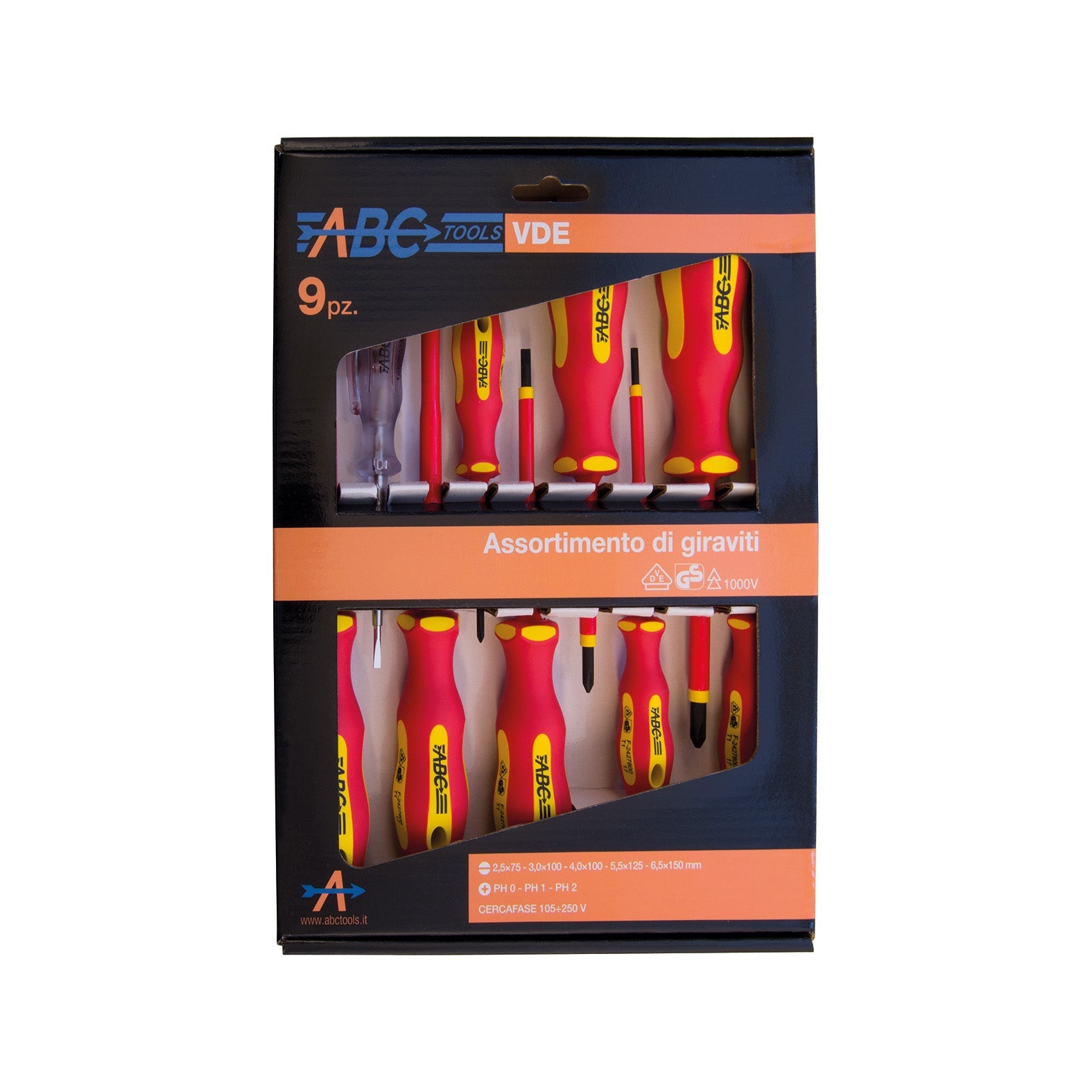 ABC Tools Serie Giraviti Isolati VDE M71018200, 8 Giraviti e Cercafase, Intaglio e Phillips