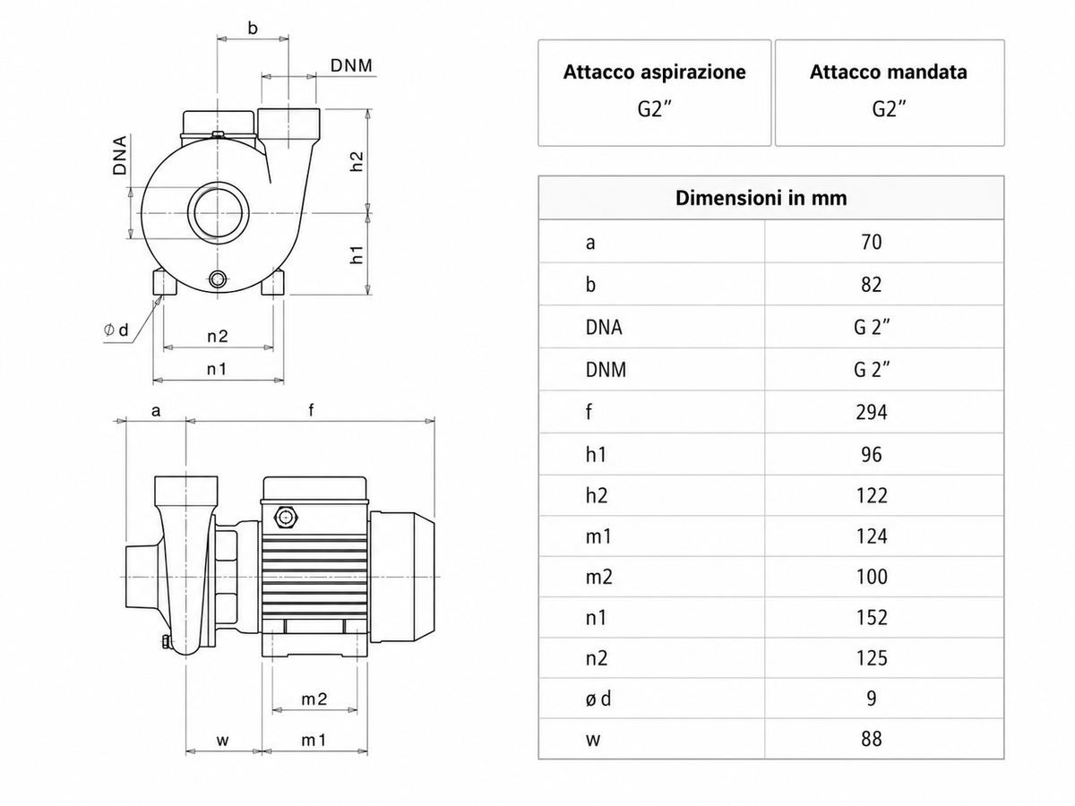 Disegno dimensionale SAER Elettropompa BP 3 Centrifuga Monogirante 1 HP Monofase 230 V