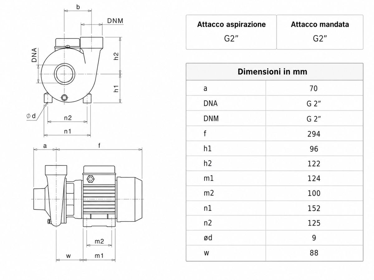 Disegno dimensionale SAER Elettropompa BP 5 Centrifuga Monogirante 2 HP Monofase 230 V