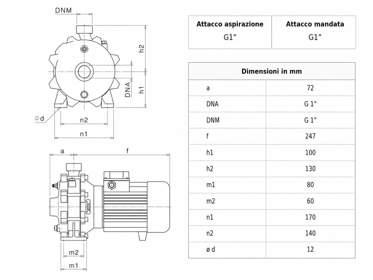 Disegno dimensionale SAER Elettropompa FC 20-2A Centrifuga Bigirante 1 HP Monofase 230 V