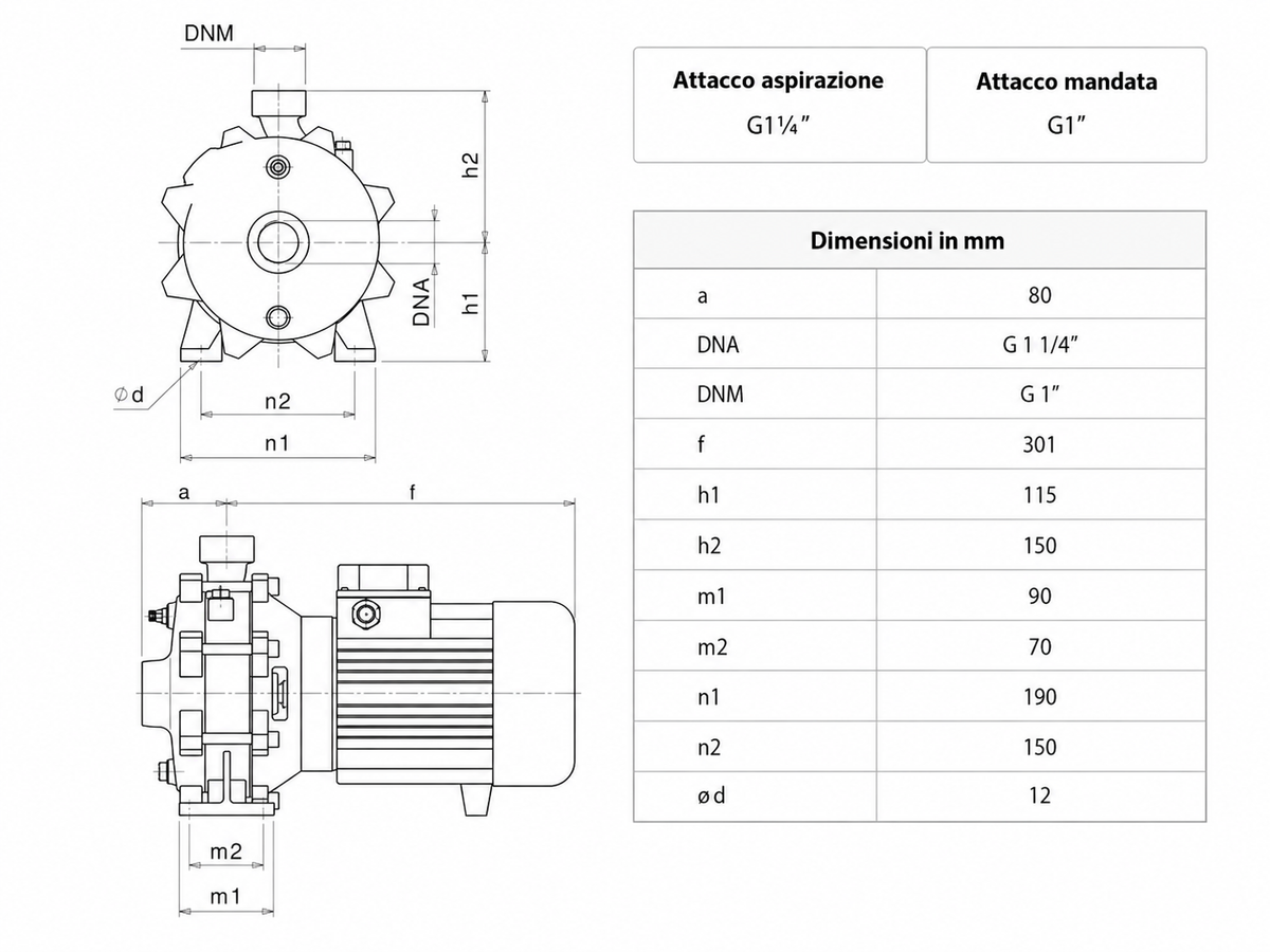 Disegno dimensionale SAER Elettropompa FC 25-2F Centrifuga Bigirante 1,5 HP Monofase 230 V