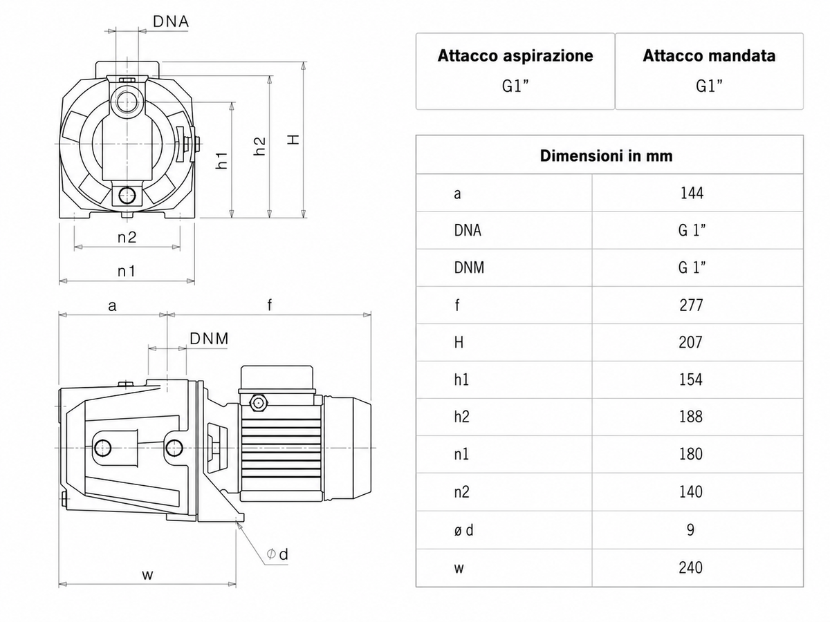 Disegno dimensionale SAER Elettropompa M 70 Autoadescante Jet 0,75 HP Monofase 230 V