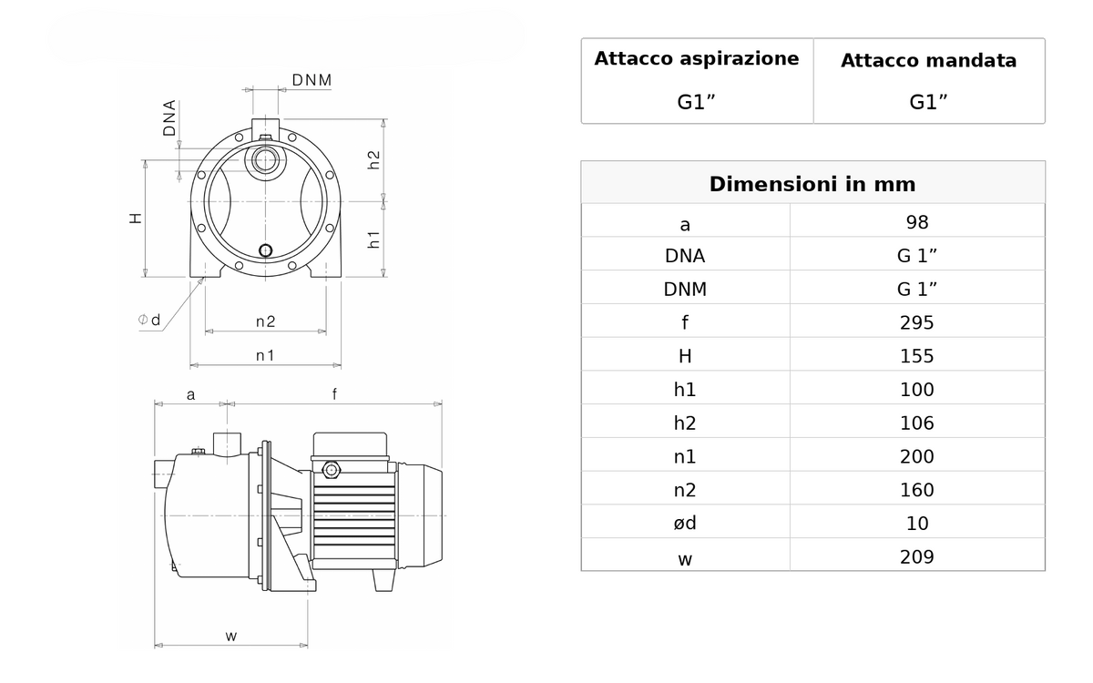 Disegno dimensionale SAER Elettropompa M 99 Autoadescante Jet 1 HP Monofase 230 V