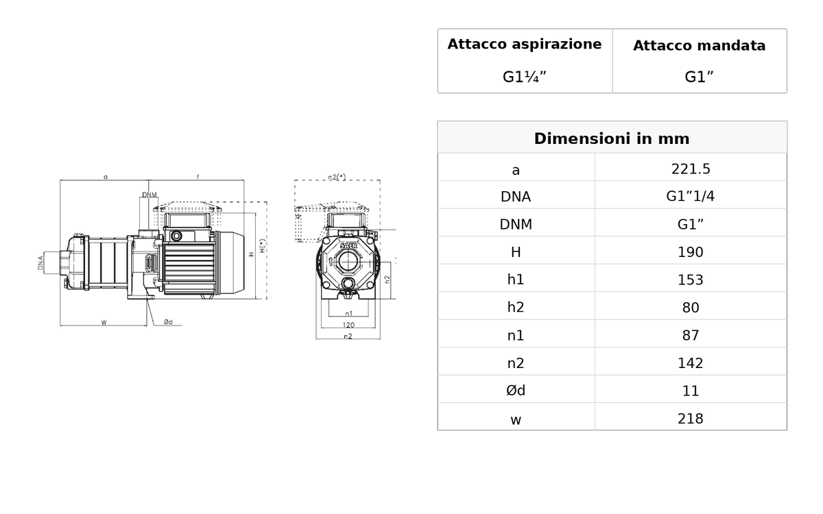 Disegno dimensionale SAER Elettropompa OP32-4 Centrifuga Multistadio 1 HP Monofase 230 V