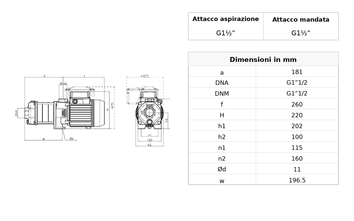 Disegno dimensionale SAER Elettropompa OP40-2 Centrifuga Multistadio 1 HP Monofase 230 V