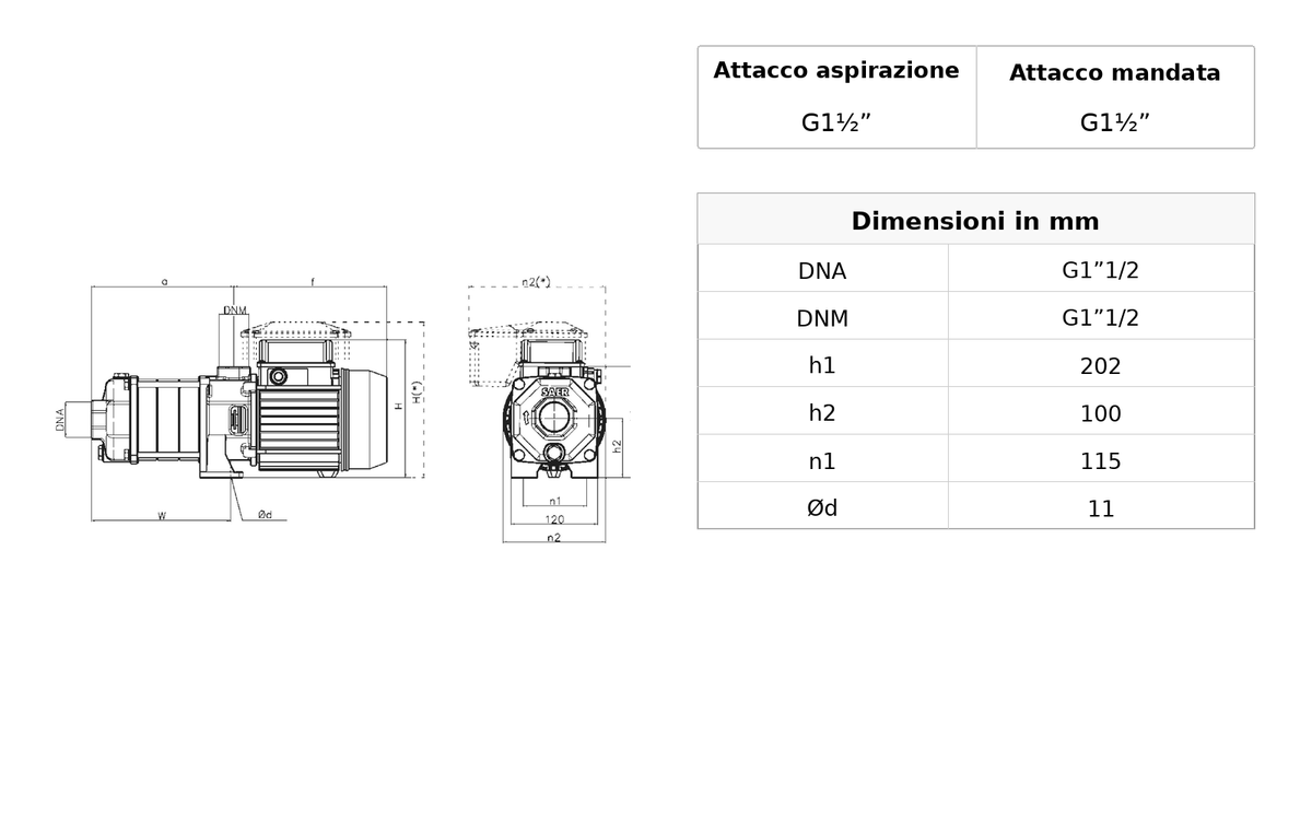 Disegno dimensionale SAER Elettropompa OP40-3 Centrifuga Multistadio 1,5 HP Monofase 230 V